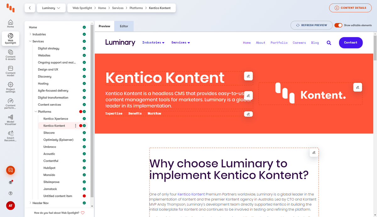Kentico Kontent web spotlight interface