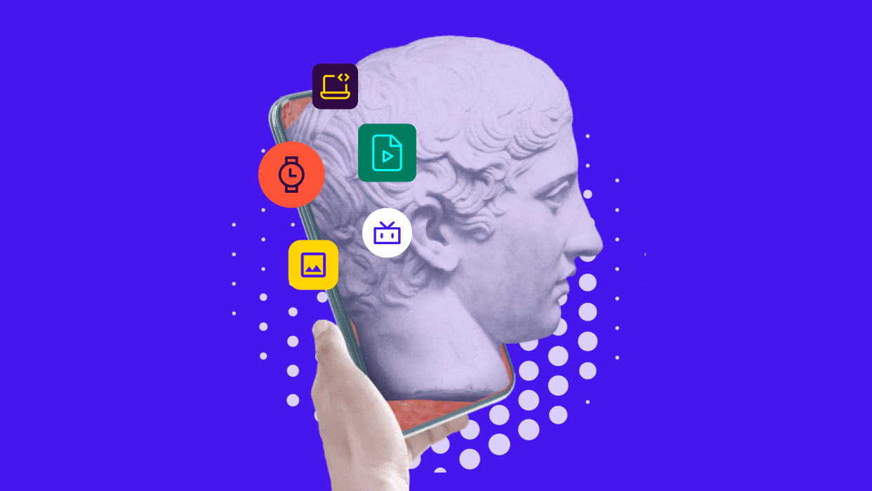 Image of a statue head with microservices icons coming out of it