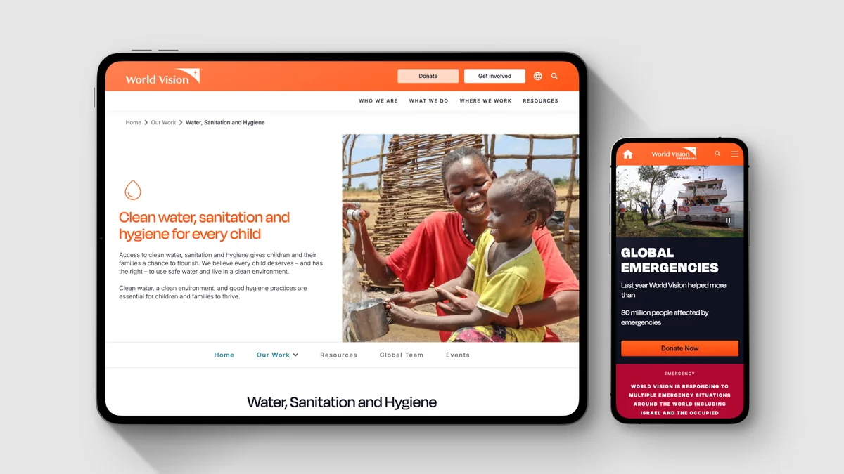 World Vision website on tablet and mobile