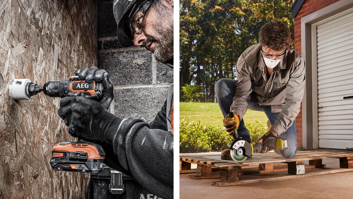 Picture collage of two men using Ryobi power tools