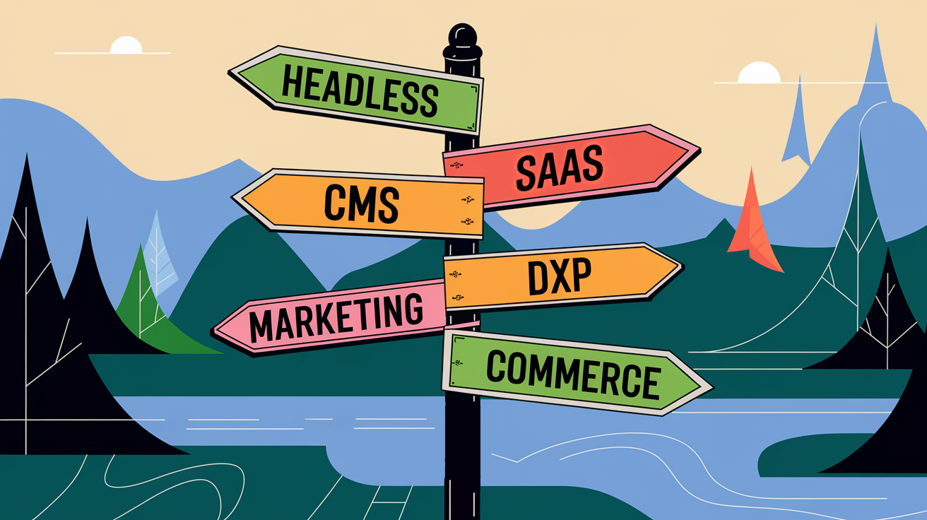 An illustration of a signpost in a wilderness, with signs pointing to common DXP features