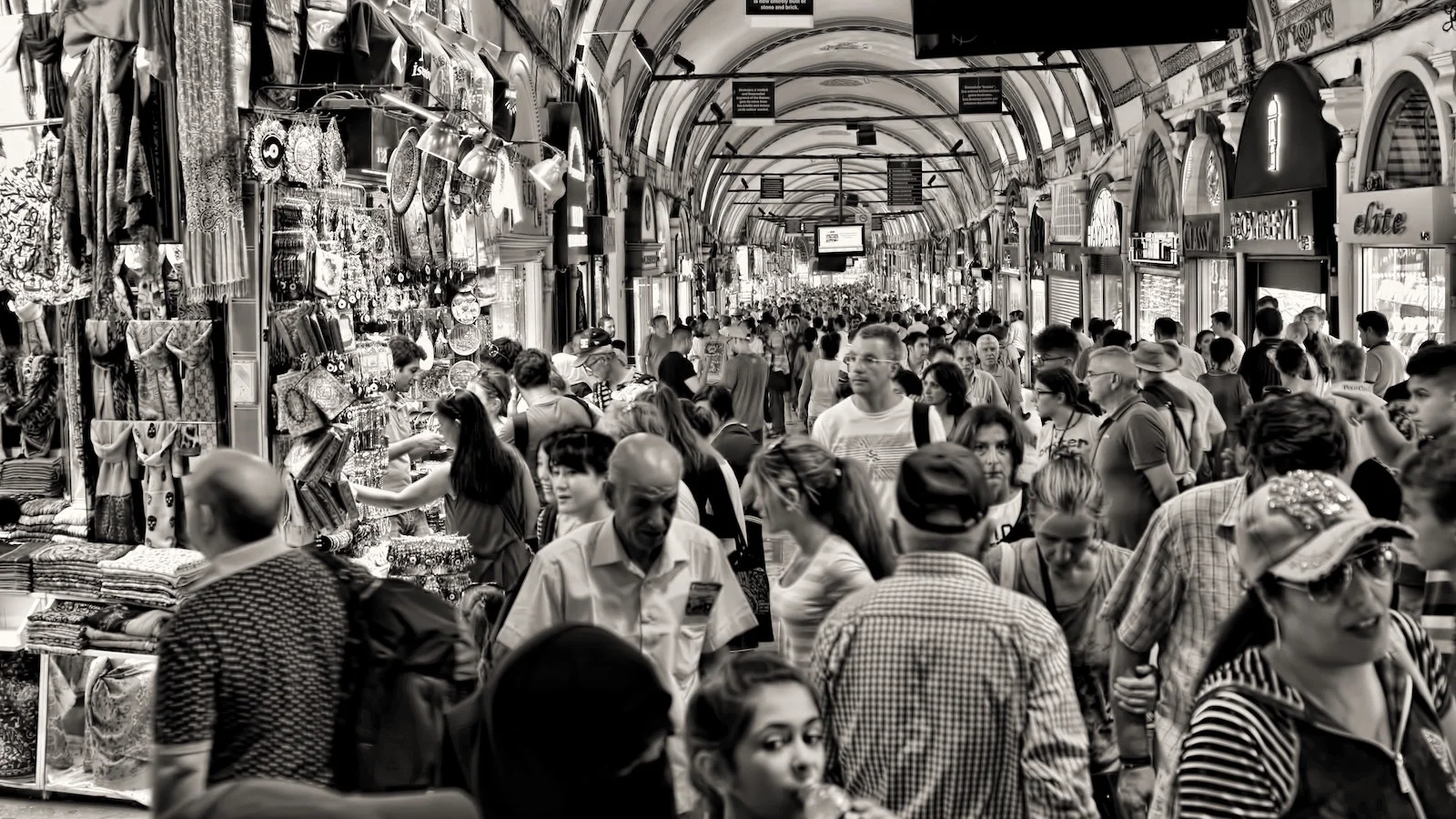 Busy market scene in greyscale