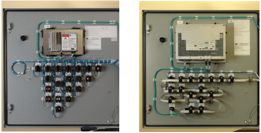 采用传统布线的 Rockwell 自动化控制面板（左）与安森美的 10BASE-T1S 解决方案（右） 