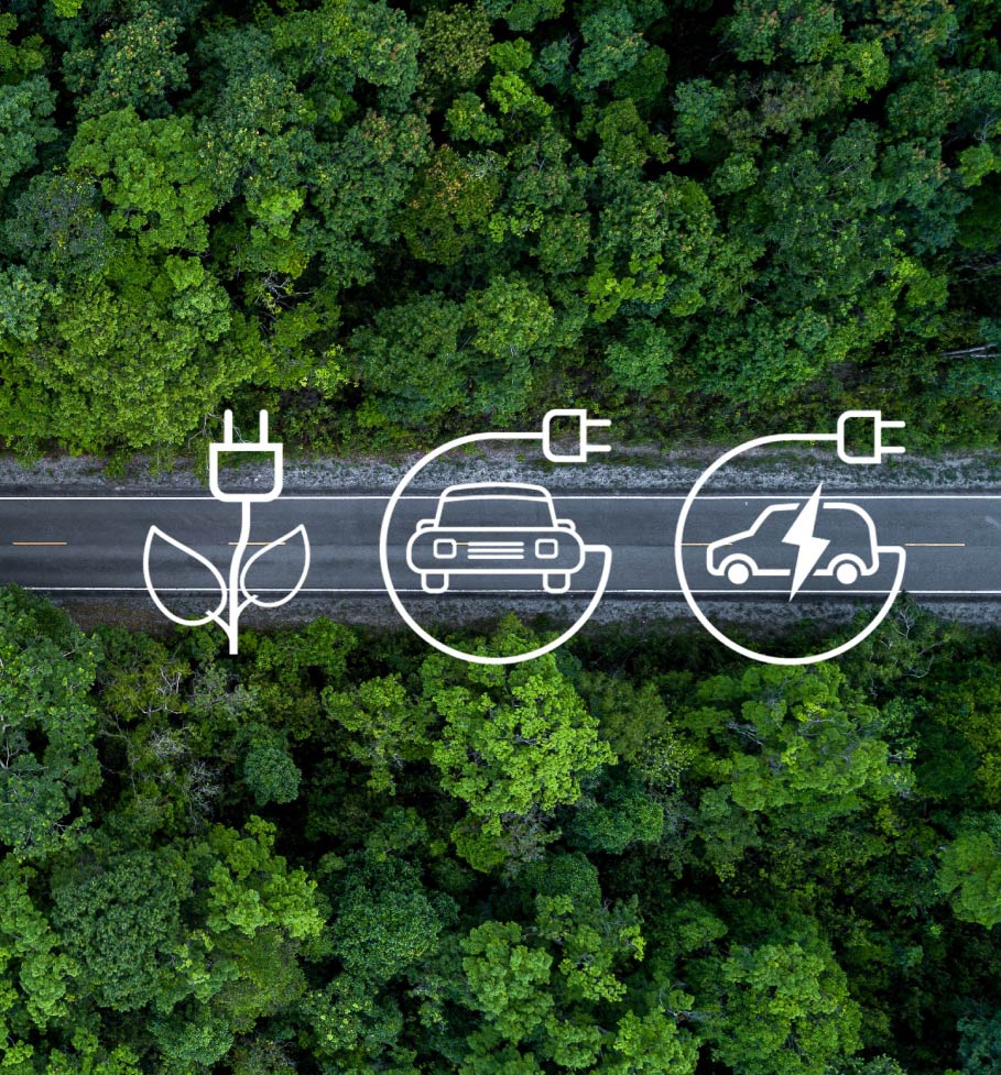Green forest with a road in the middle and icons showing EV charging.