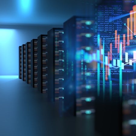 Collage of a row of servers in a room with digital graphs and computer report