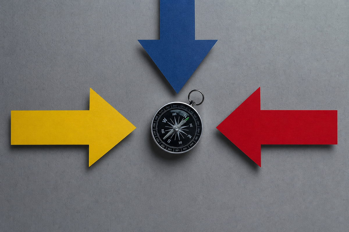 Three colored arrows all pointing to a compass in the center