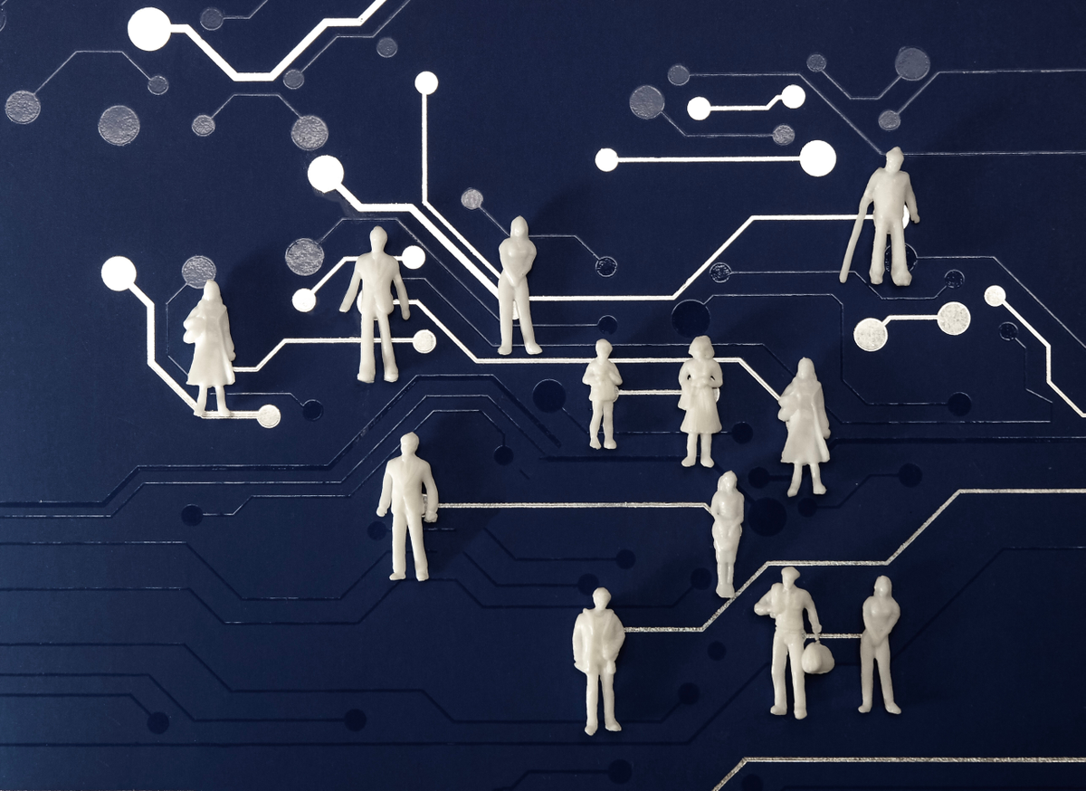 Digital flows with connection dots of people connecting.