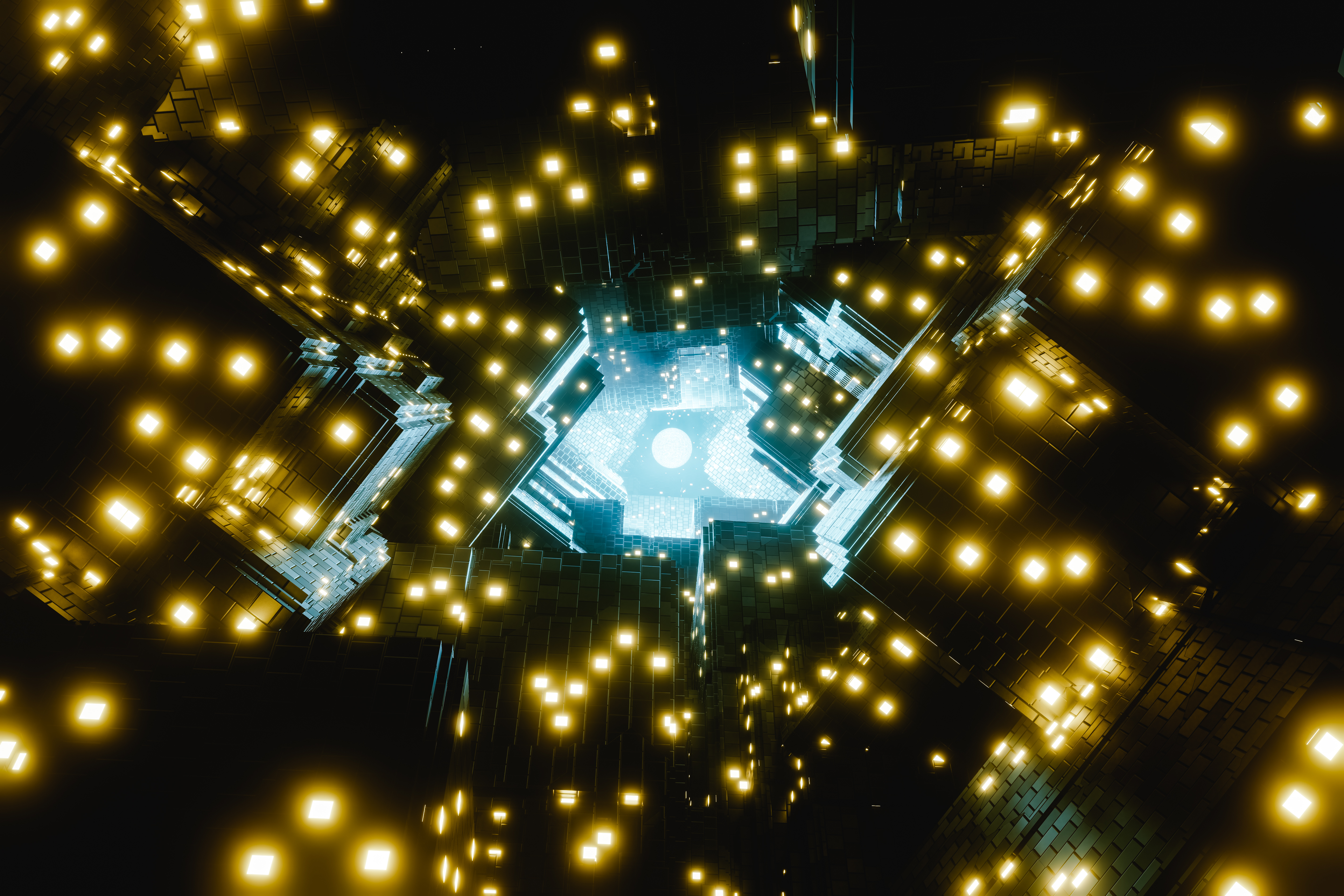 Metallic cubes with glowing light in sci-fi tunnel