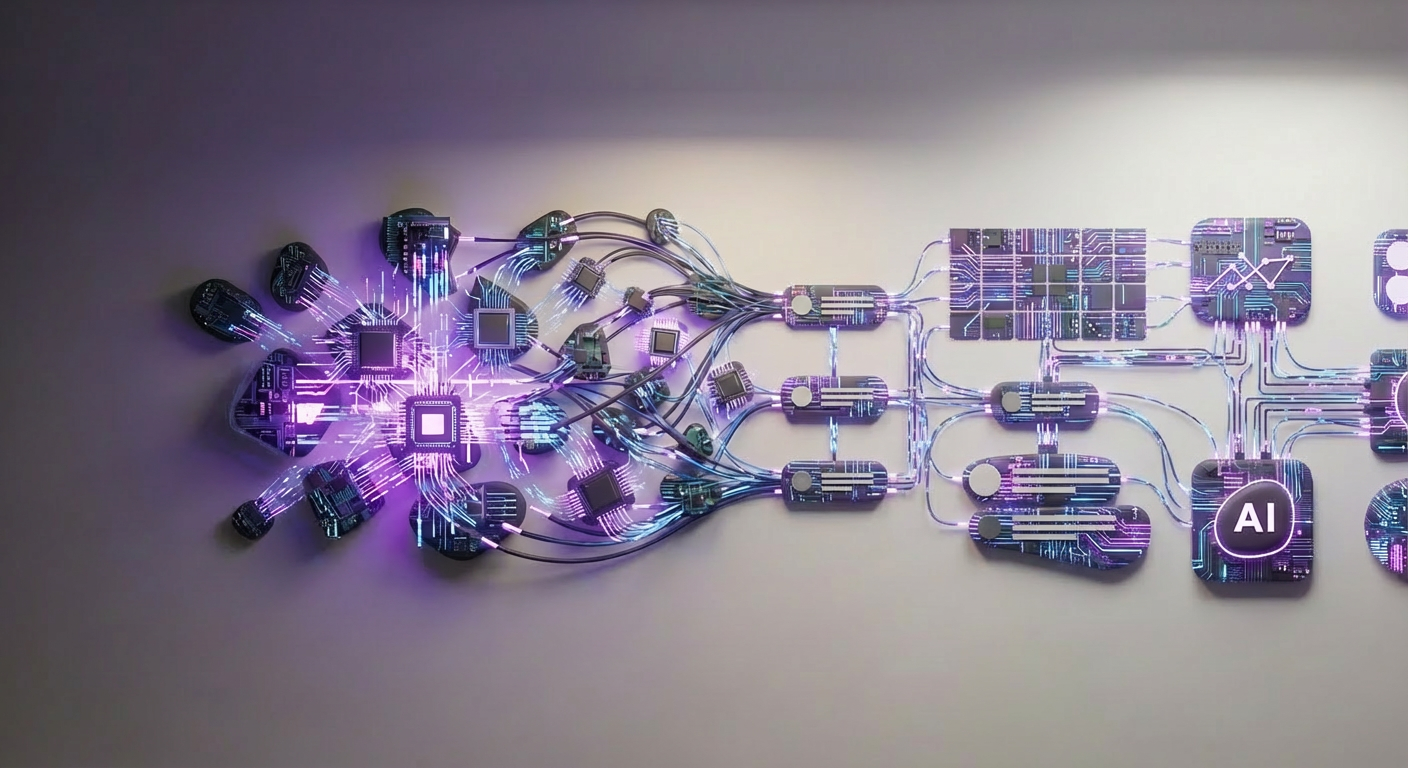 A modern, abstract digital illustration representing five gaps or fractures inside an enterprise workflow: broken, misaligned shapes or disconnected nodes on the left, transitioning into aligned grids, organized workflow lines, and structured AI elements on the right