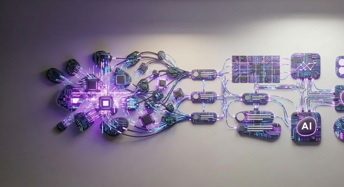 A modern, abstract digital illustration representing five gaps or fractures inside an enterprise workflow: broken, misaligned shapes or disconnected nodes on the left, transitioning into aligned grids, organized workflow lines, and structured AI elements on the right