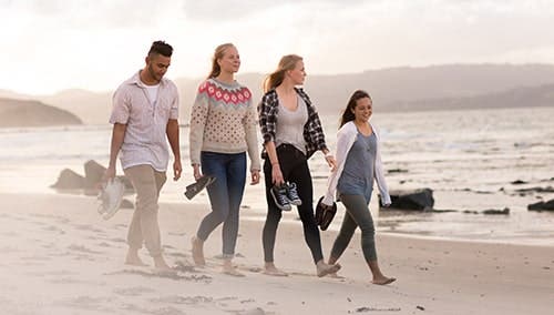 Students walking along beach together