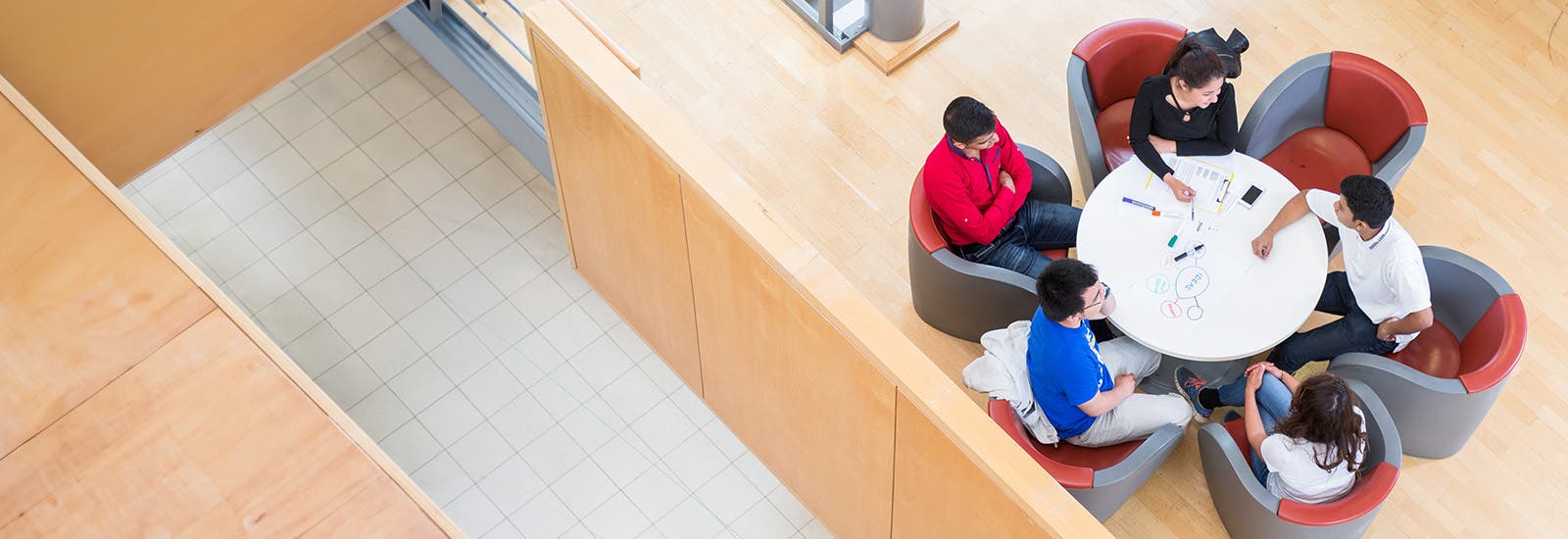 Birds eye view of a group of students around a table