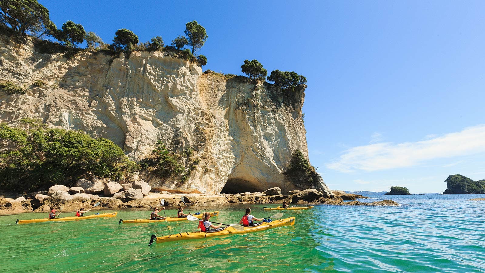 People kayaking in Auckland sea by cliff