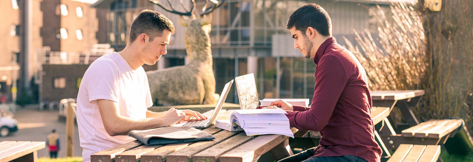 Two students sitting at a table outside using laptops