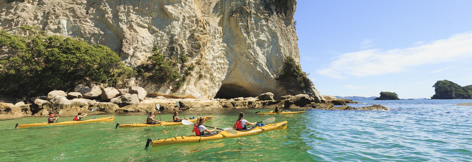 People kayaking in Auckland sea by cliff