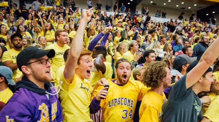Lipscomb students celebrating in a crowd at a Bisons game