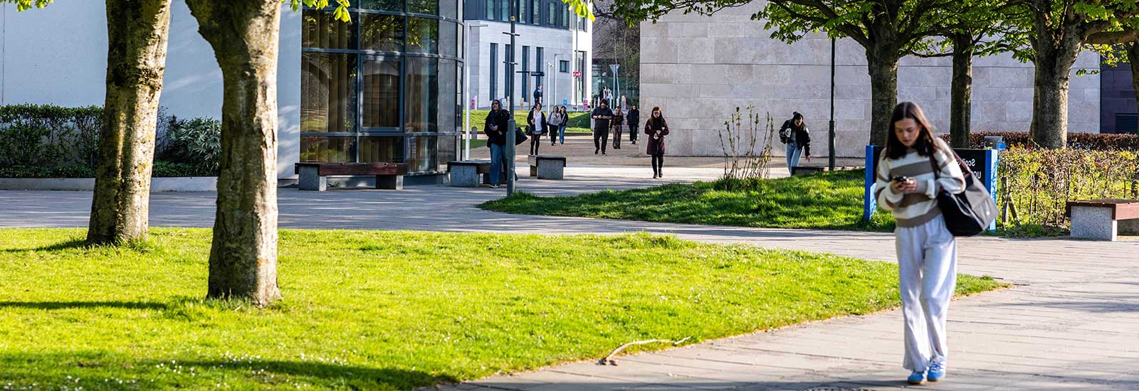 Students walking through campus outside