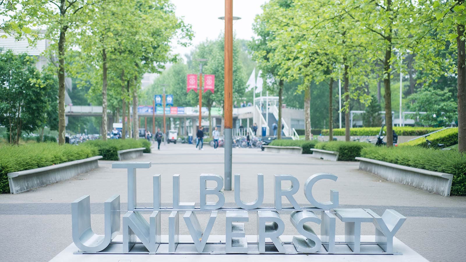 Tilburg University's sign on campus.