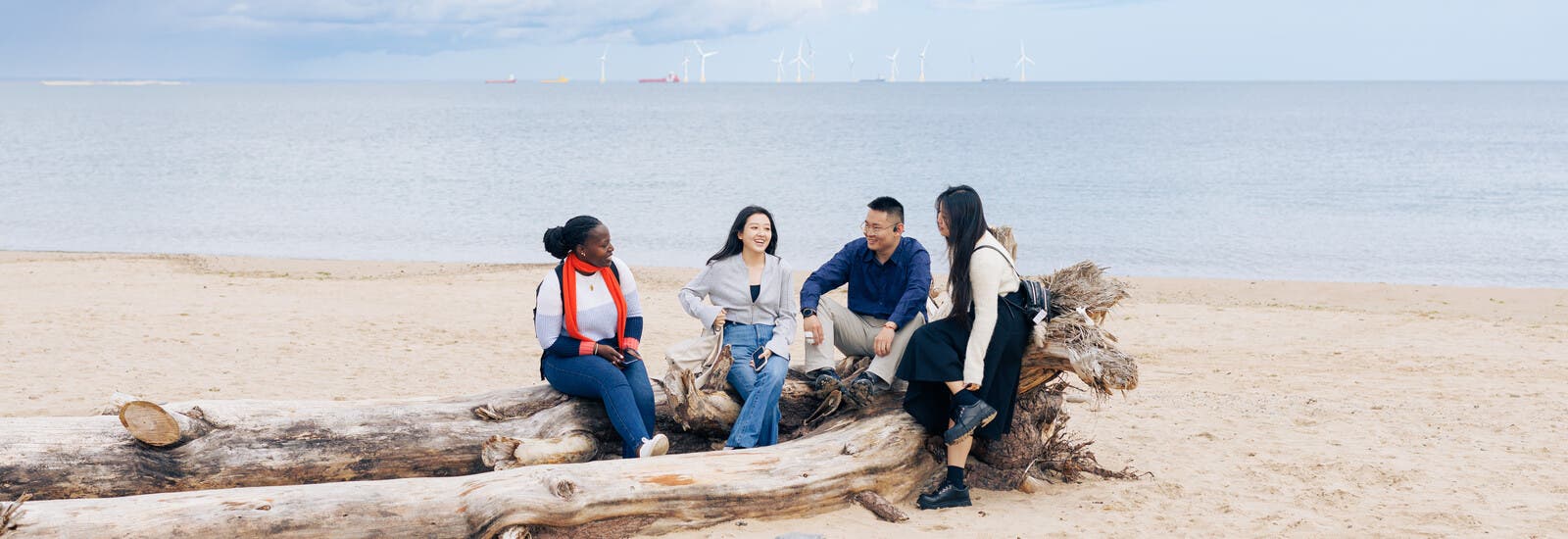 Students sat on a beach