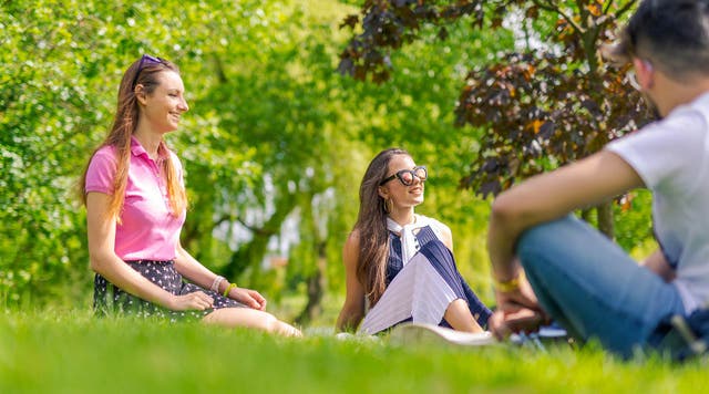 Surrey students sitting on grass together