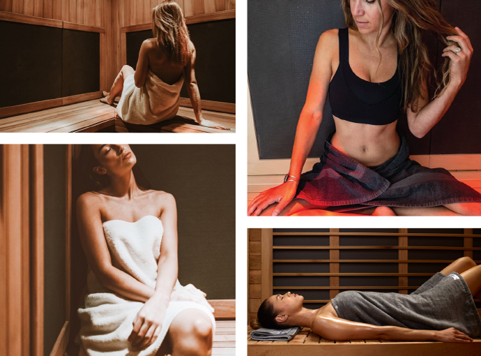 4 women in infrared sauna in towels and workout gear
