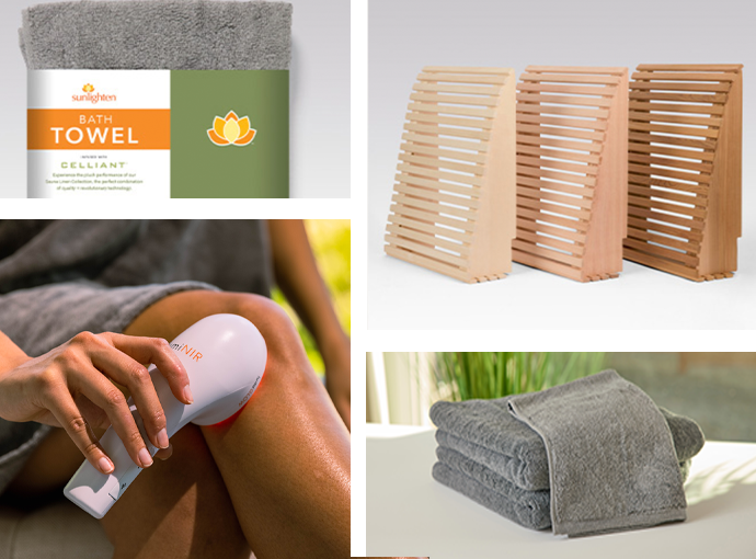 Sunlighten accessories: Celliant bath towel set, backrests in multiple wood types, LumiNIR hand wand, and sauna wraps.