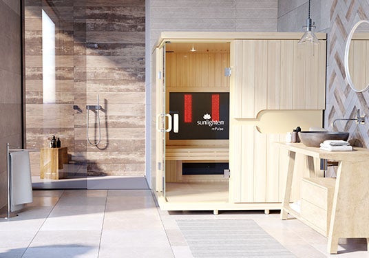 Sunlighten mPulse Smart Sauna Discover in a bathroom