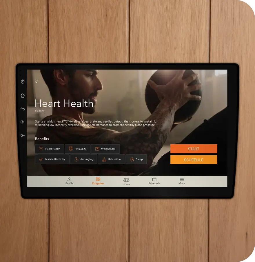 The Sunlighten mPulse Smart Sauna tablet screen displaying the customized heart health wellness program.