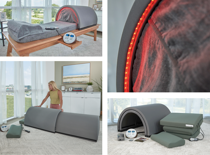 Four images of the Sunlighten Solo, a portable infrared sauna.