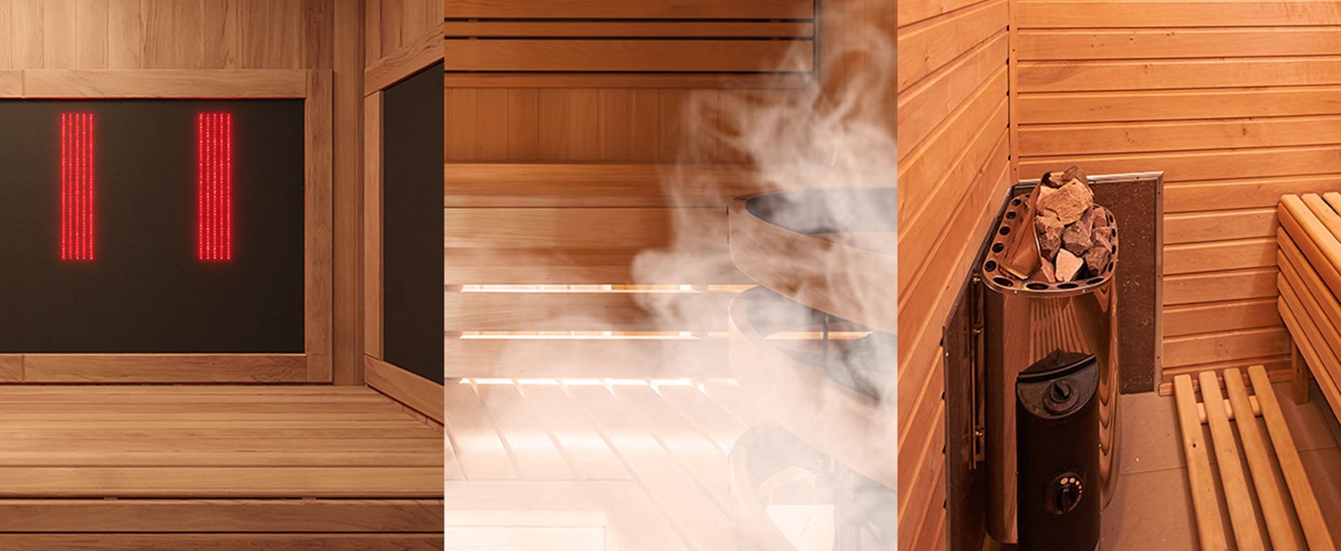 A side-by-side comparison of an infrared sauna, a steam sauna and a traditional sauna.