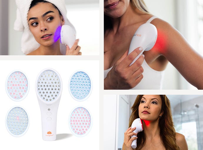 Lumi in use on face neck and shoulder