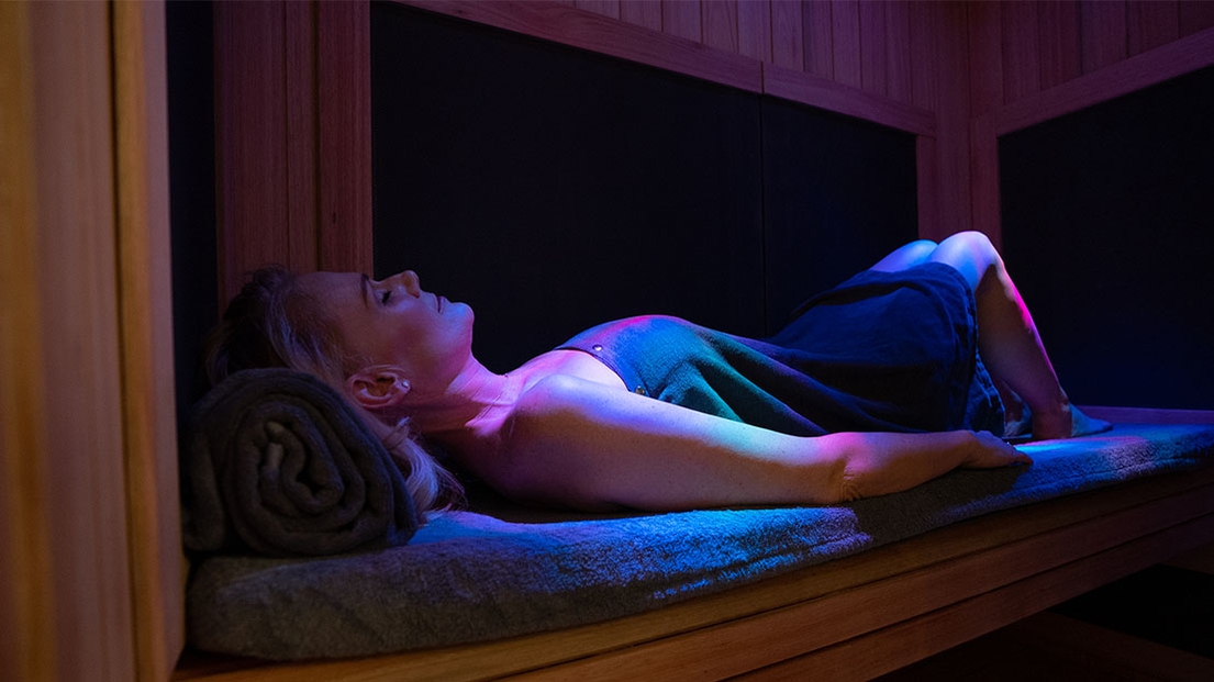 Candice Westphal lying in sauna