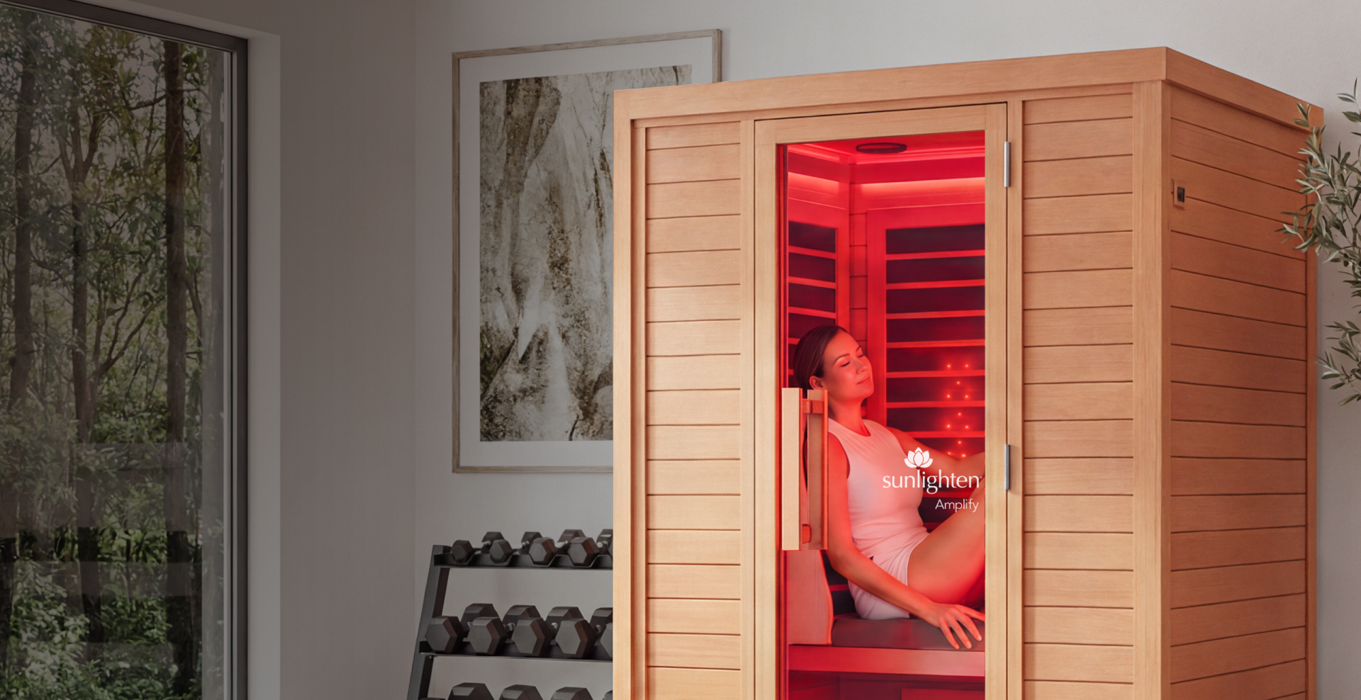 Amplify RED woman relaxing in sauna