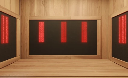 The interior of a Sunlighten mPulse infrared sauna with red light turned on. 