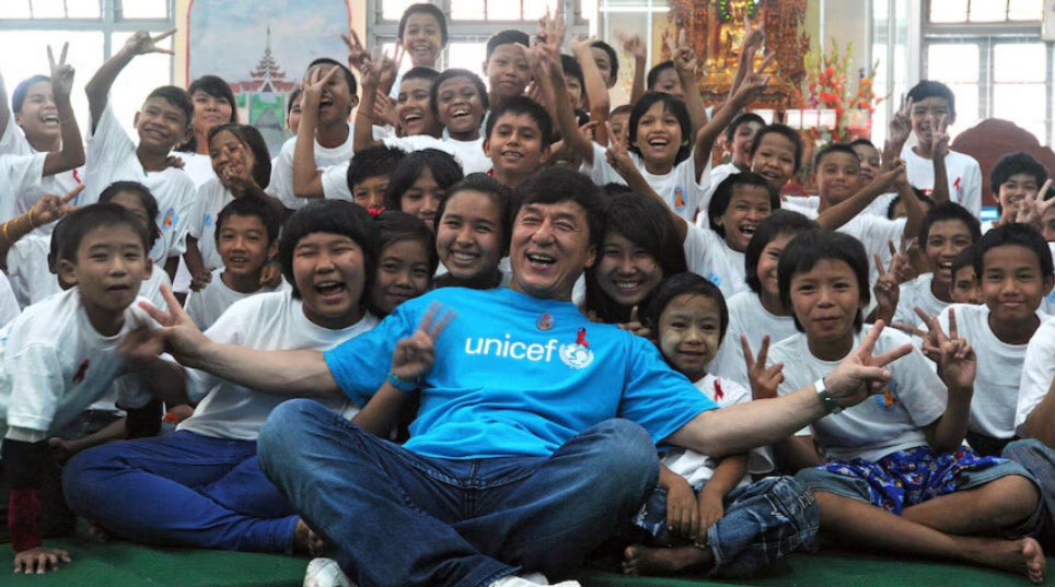 Jackie Chan visits a school in Vietnam