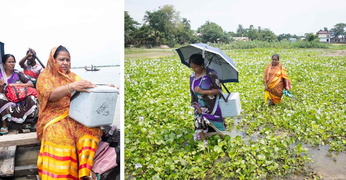 Health assistant Bina Rani (Blue Sari) and Rahima Khatun (orange and yellow shade sari) carry vaccine carriers and move on foot to the remote areas of Bangladesh.