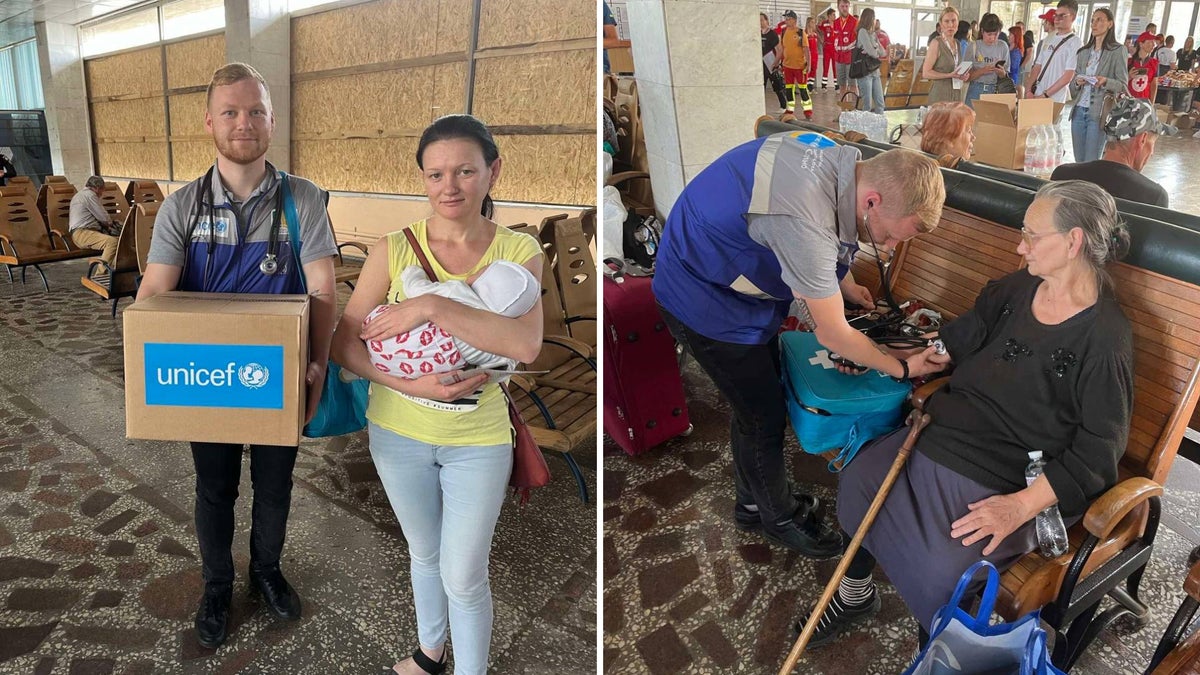 UNICEF teams help parents, children and elderly citizens in a train station. 