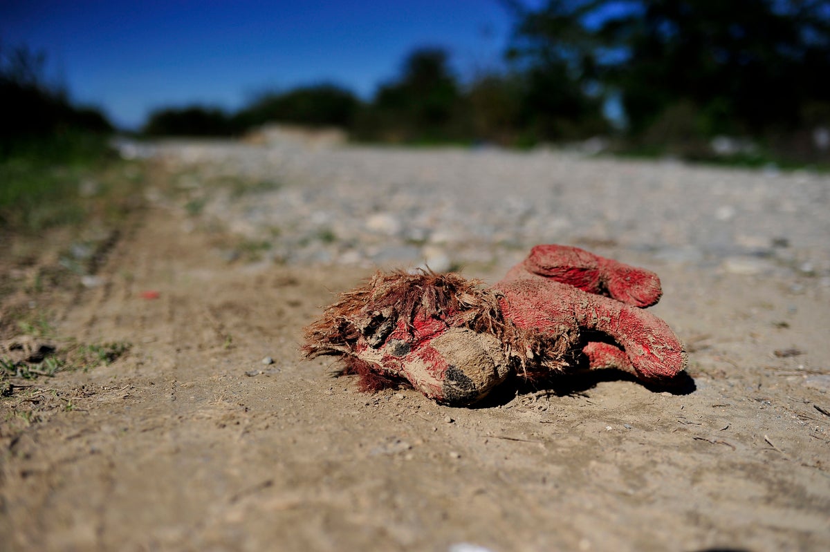  A red toy lion lies covered with dust on the road used by people making their way from Greece to the former Yugoslav Republic of Macedonia. 