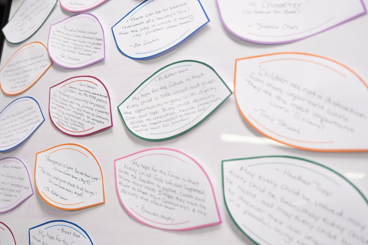 Pieces of paper shaped like leaves with handwritten notes detailing guests' wishes for children.