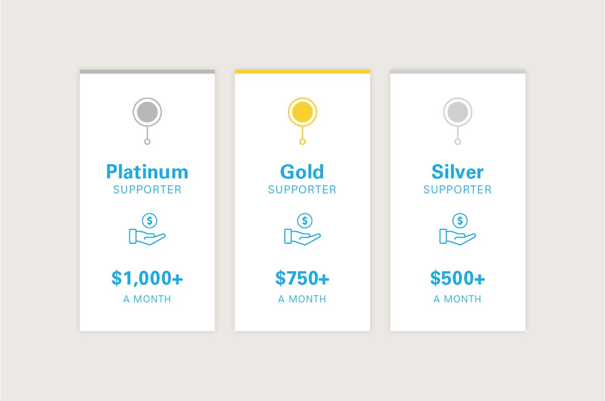 Infographic. Platinum Supporter: $1000+. Gold Supporter: $750+. Silver Supporter: $500+