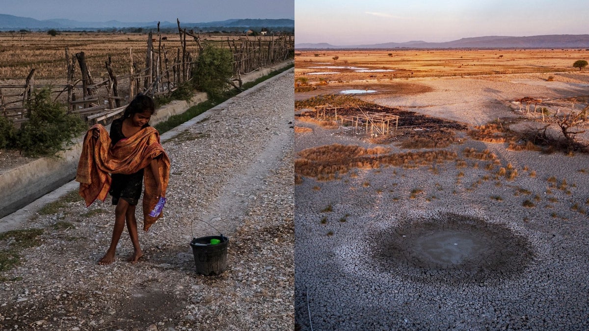 Children collect water, drought effects farming in Indonesia. 