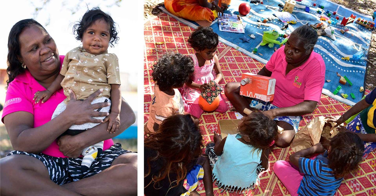 Left, Deandra at work as an Indi Kindi educator, and right, children learn and play on country in Borroloola. 