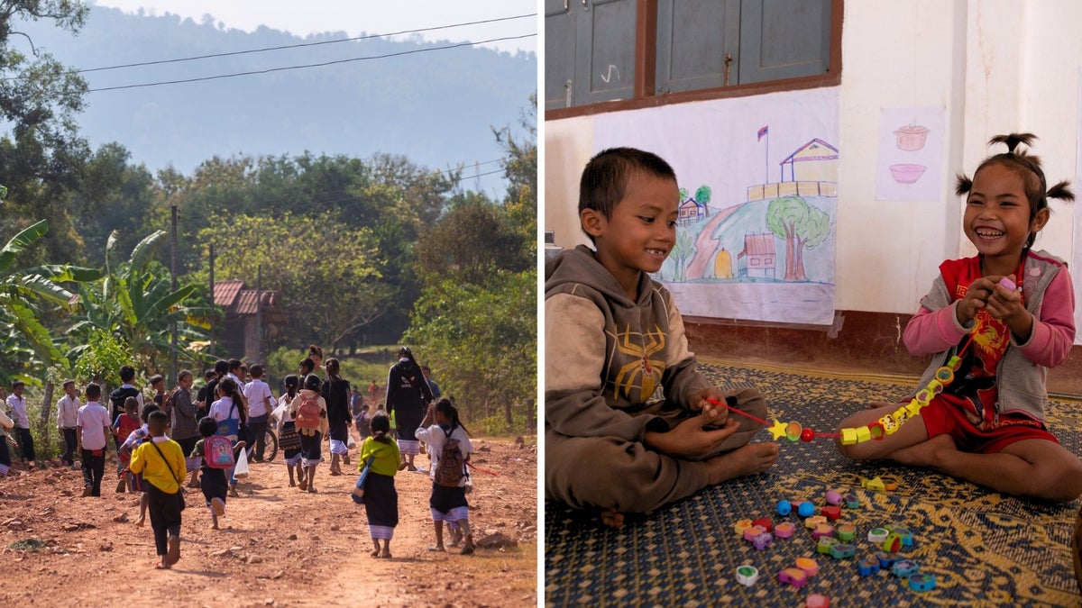 Left: Children in Savannakhet Province walk home after their classes have finished for the day. 
Right: Keosy and Ki, 5, play with material from the ECD toolkit, provided through UNICEF Australia. 