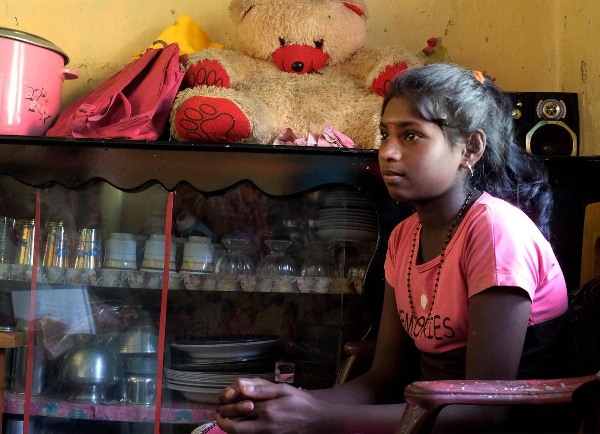 Anjula in her home in Sri Lanka. She hasn’t been to school since 2020.