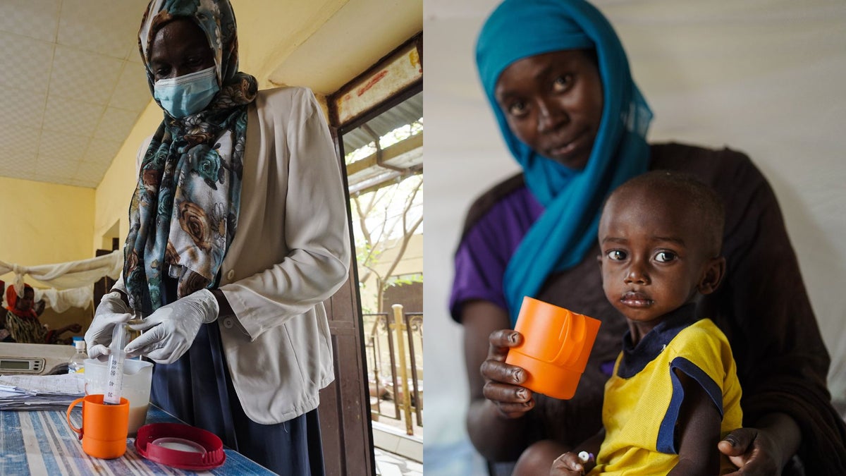 A health care worker prepares milk for a malnourished child