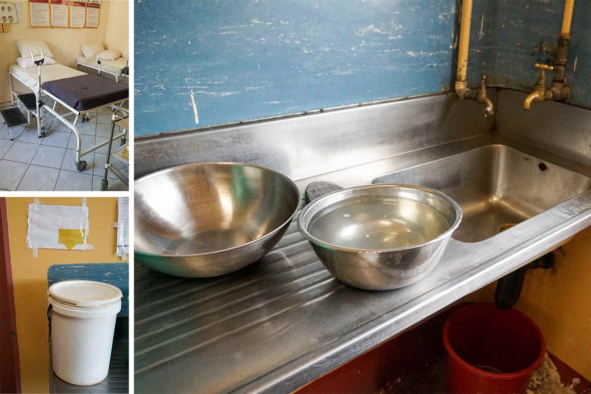 Medical tools used during labour are washed in a bucket, before being rinsed in this sink and dried on a piece of fabric behind where the photo was taken from. 
