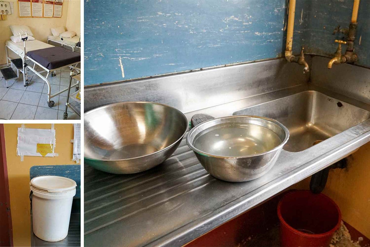 Medical tools used during labour are washed in a bucket, before being rinsed in this sink and dried on a piece of fabric behind where the photo was taken from.