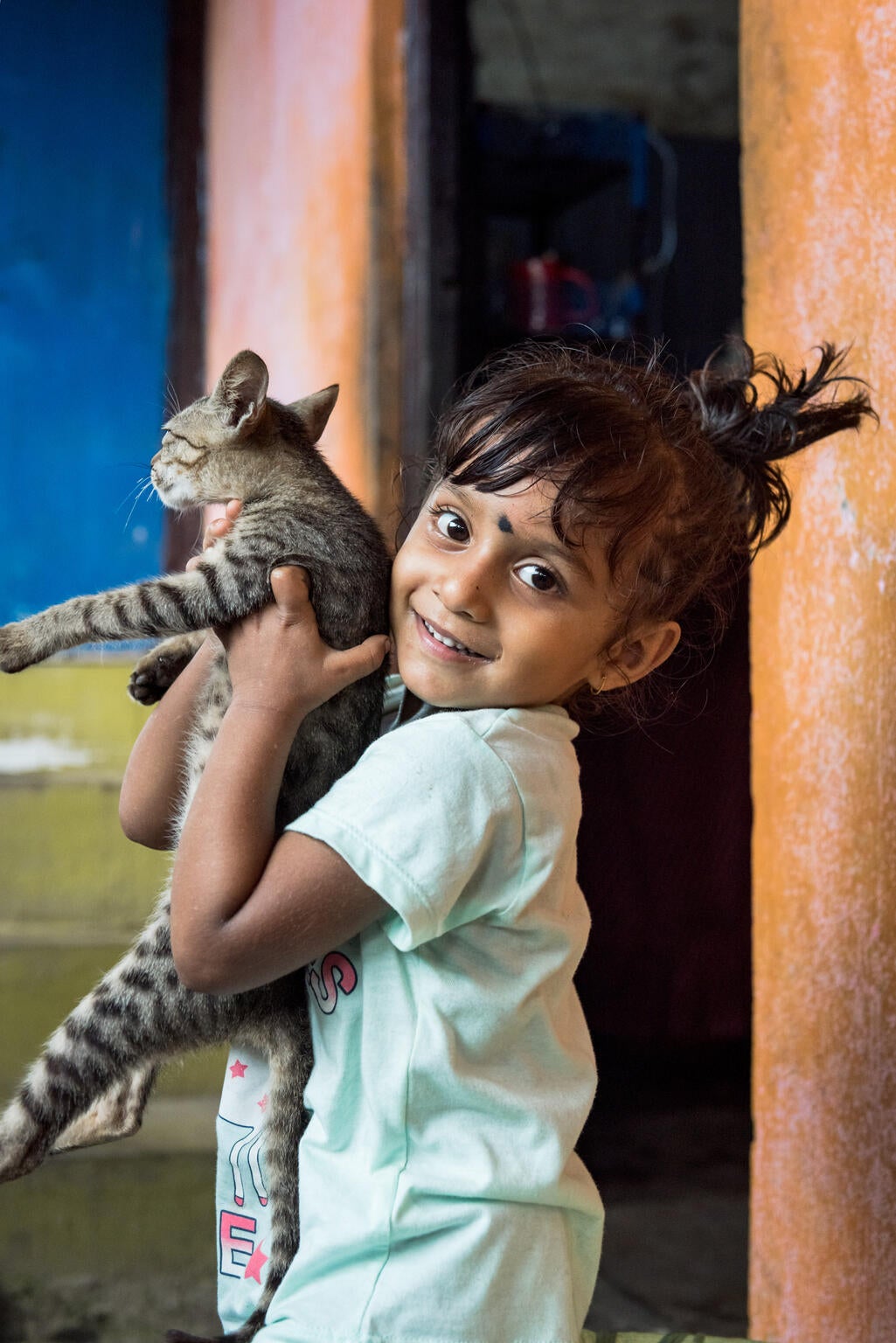 A young girl is holding a cat.