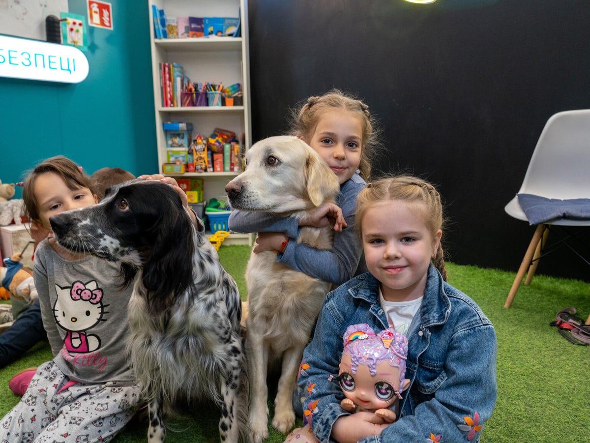 A group of three young girls hug Julie the golden retriever and Petra the English setter in a Spilno Child Spot in Ukraine.