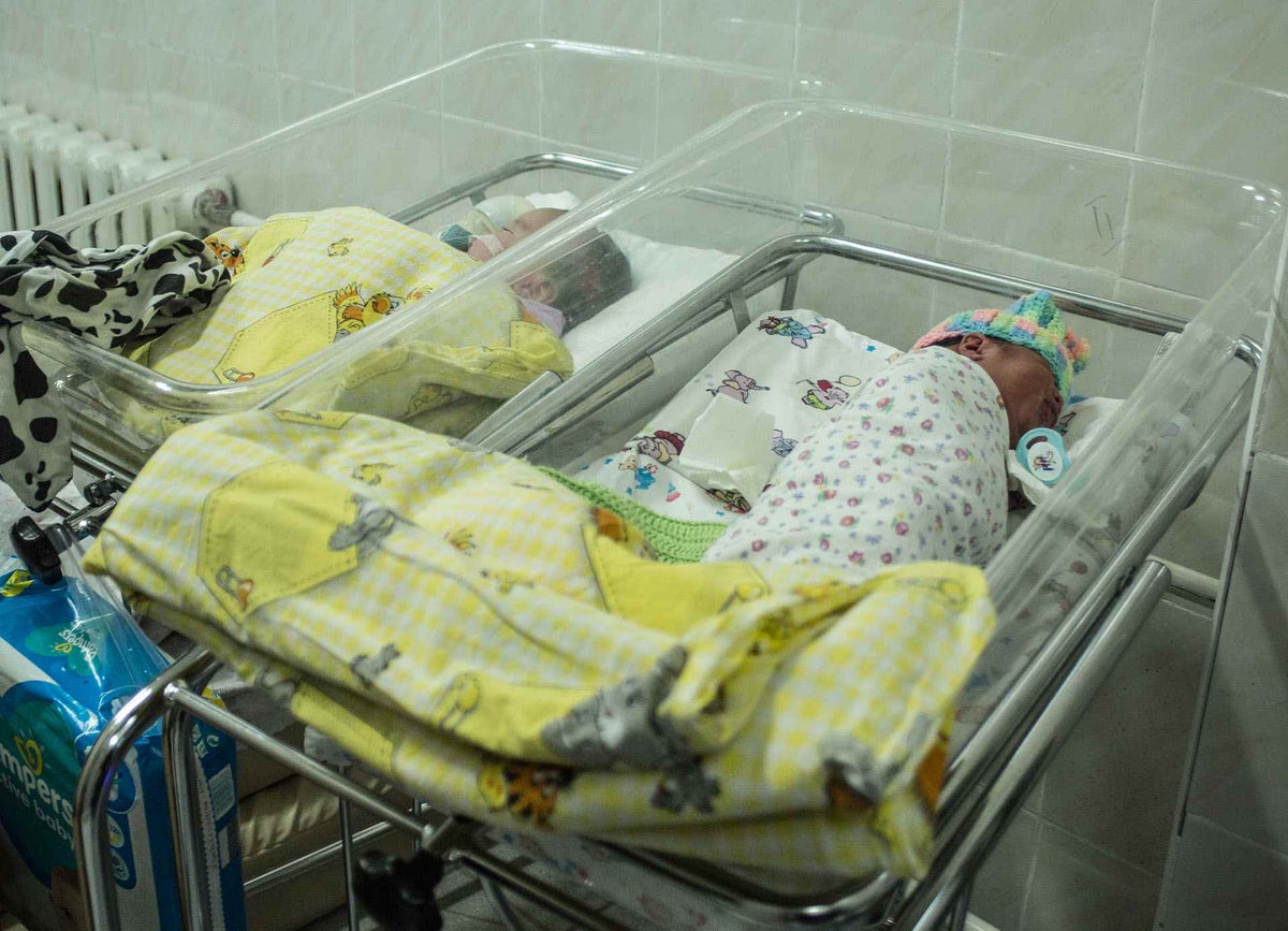 Babies in cots in a makeshift maternity clinic